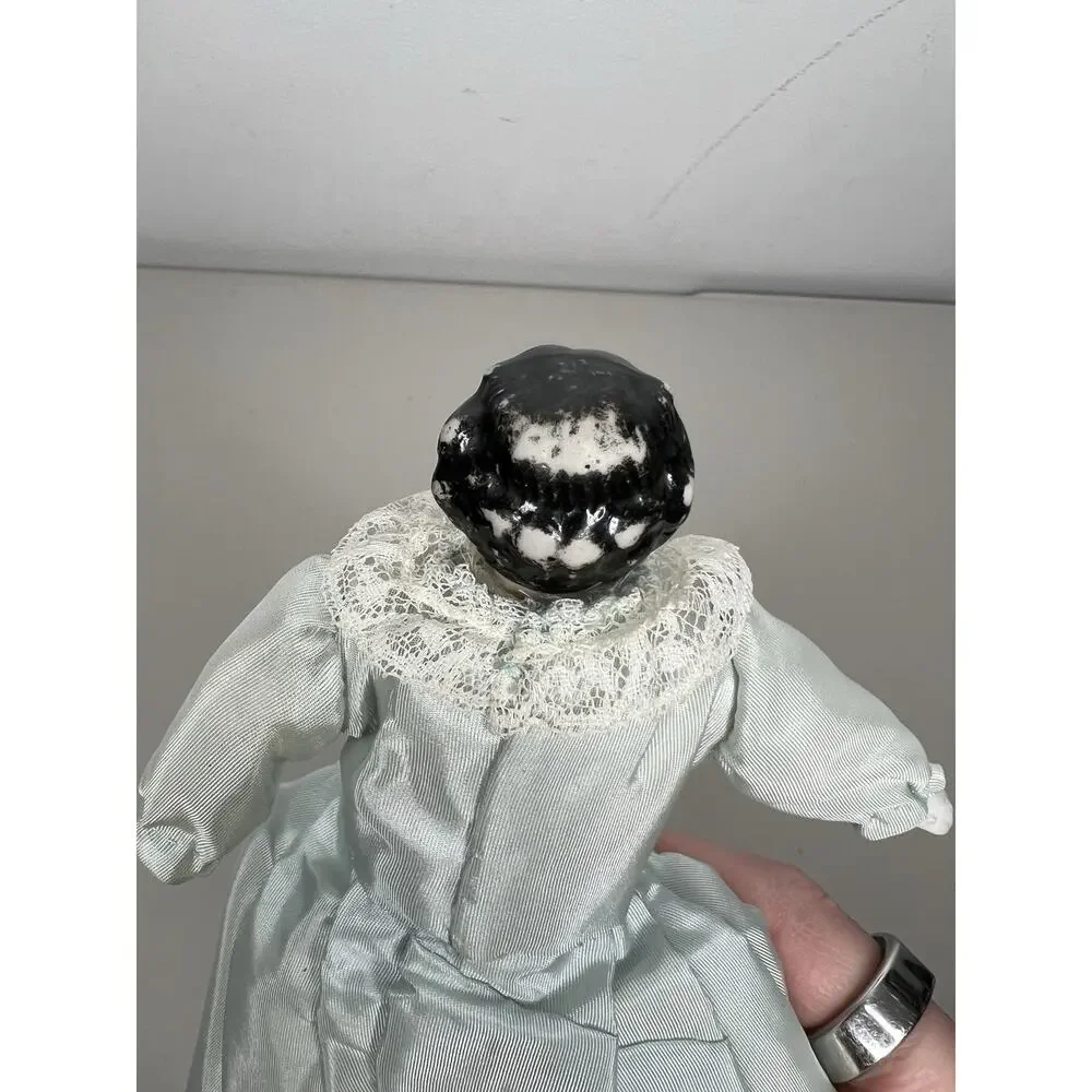 Antique Porcelain Head German China Doll Cloth Body Blue Dress